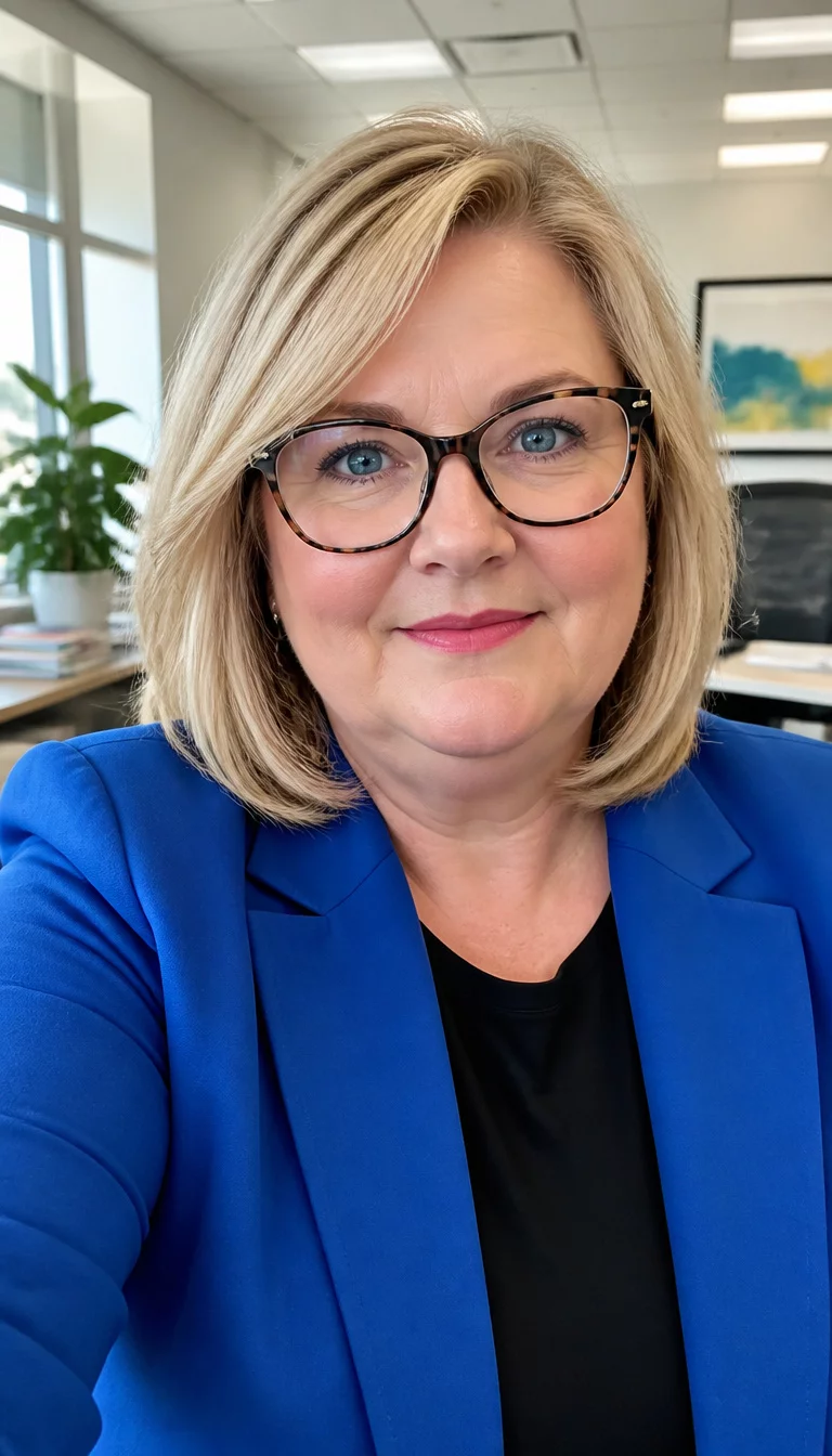 Blonde Layers And Stylish Frames selfie of a 62-year-old plus size Caucasian woman with a chubby face and straight nose. Her face skin has smooth matte pores. The eyes are striking blue. She is wearing a blue blazer and large stylish glasses with a neck-length blonde layered hairstyle, front view, modern office background.