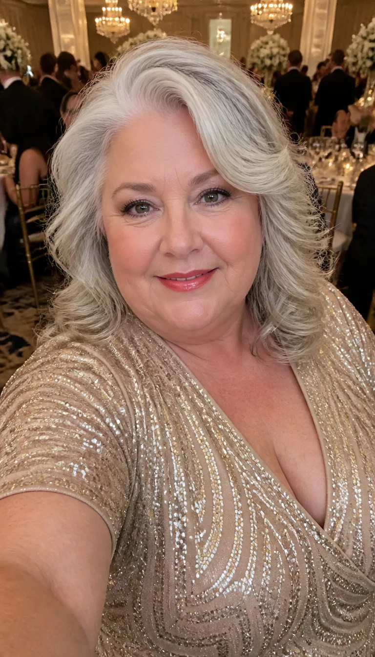 Signature Silver Waves Of Elegance selfie of a 69-year-old plus size Caucasian woman with a chubby face and straight nose. Her face skin has refined texture. The eyes are blue-grey. She is wearing a sparkling gold dress with signature silver waves hairstyle, front view, ballroom background.