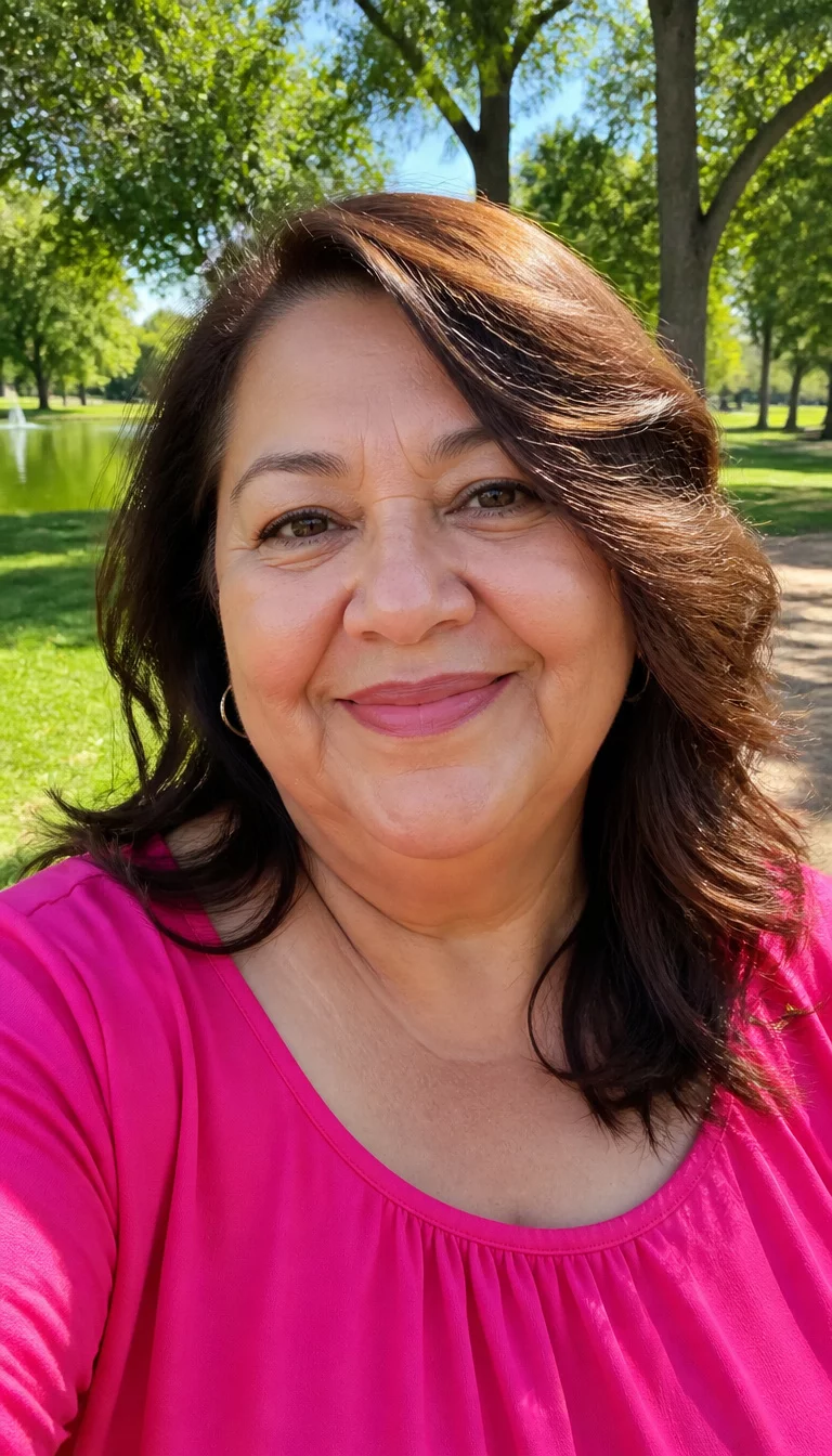 Asymmetric Dark Brown Waves selfie of a 61-year-old plus size woman with medium-toned skin, a chubby face, and a wide nose. Her face skin has a healthy glow. The eyes are brown. She is wearing a bright pink top with a medium-length dark brown wavy hair styled asymmetrically hairstyle, front view, sunny park background.