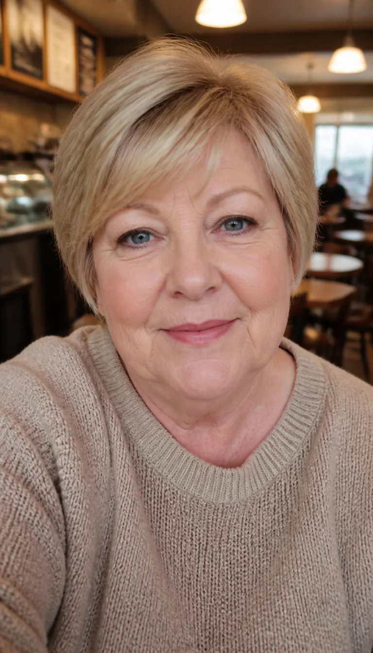 Double The Blonde Inspiration selfie of a 66-year-old plus size Caucasian woman with a chubby face and straight nose. Her face skin has matte pores. The eyes are blue. She is wearing a simple knit sweater with a short blonde layered haircut hairstyle, front view, blurred cafe background.