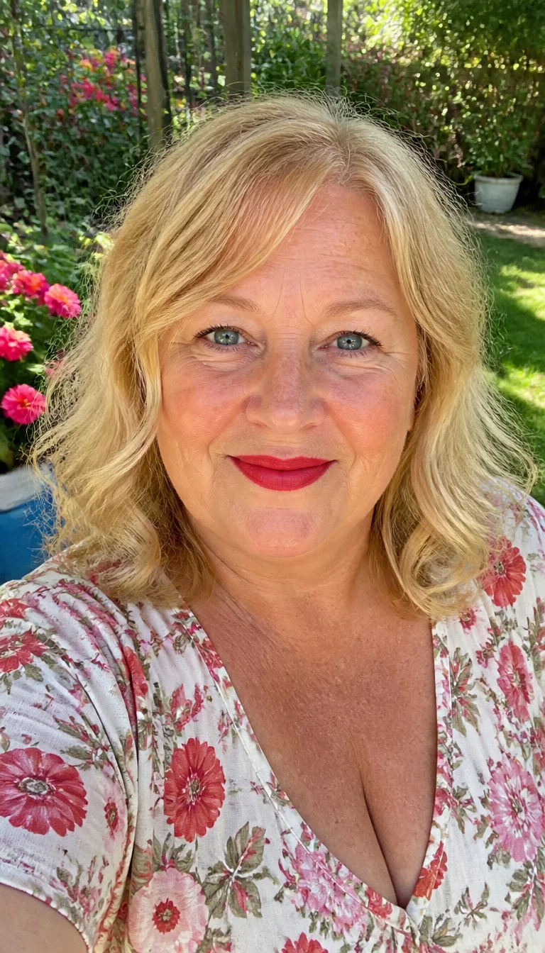 Soft Wavy Blonde Outdoors selfie of a 62-year-old plus size Caucasian woman with a chubby face and freckles on her nose. Her face skin has sun-kissed texture. The eyes are blue. She is wearing a floral top and bright red lipstick with a blonde wavy shoulder-length hairstyle, front view, sunny garden background.
