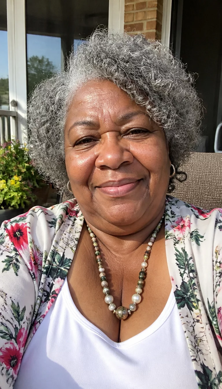Natural Grey Curly Halo selfie of a 69-year-old plus size African American woman with a chubby face and flared nose. Her face skin has deep matured texture. The eyes are dark brown. She is wearing a white top, a floral kimono, and a beaded necklace with naturally grey curly hair hairstyle, front view, sunny patio background.