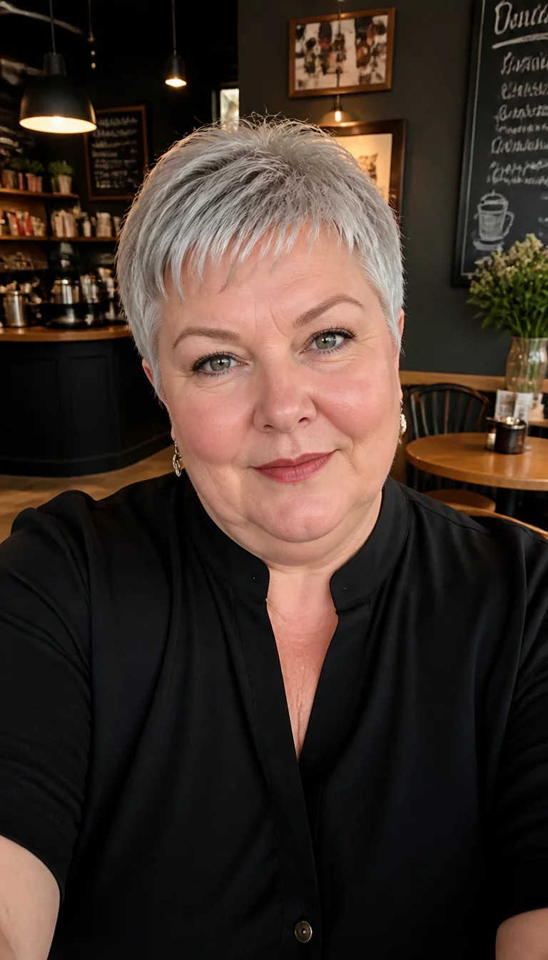 Trio Of Timeless Icons selfie of a 63-year-old plus size Caucasian woman with a chubby face and delicate nose. Her face skin has smooth fine lines. The eyes are green. She is wearing a stylish black blouse with a short grey hair hairstyle in the style of Jamie Lee Curtis, front view, chic cafe background.
