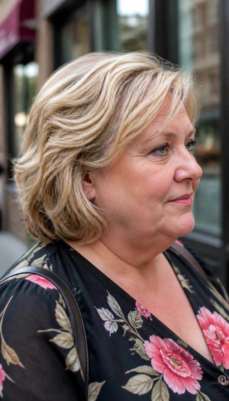 Wavy Bob With Profile Highlights casual photo of a 64-year-old plus size Caucasian woman with a chubby face and rounded nose. Her face skin has soft fine lines. The eyes are blue. She is wearing a black floral top with a blonde wavy bob and highlights hairstyle, side view, blurred urban background.