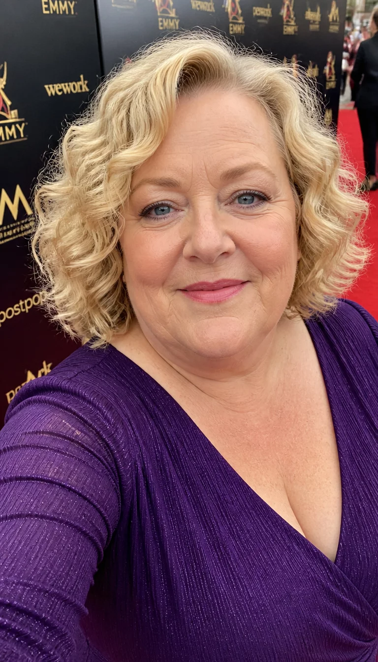 selfie of a 61-year-old plus size Caucasian woman with a chubby face and straight narrow nose. Her face skin has visible fine lines. The eyes are blue. She is wearing a deep purple dress with a textured blonde curly bob hairstyle, front view, red carpet event background.