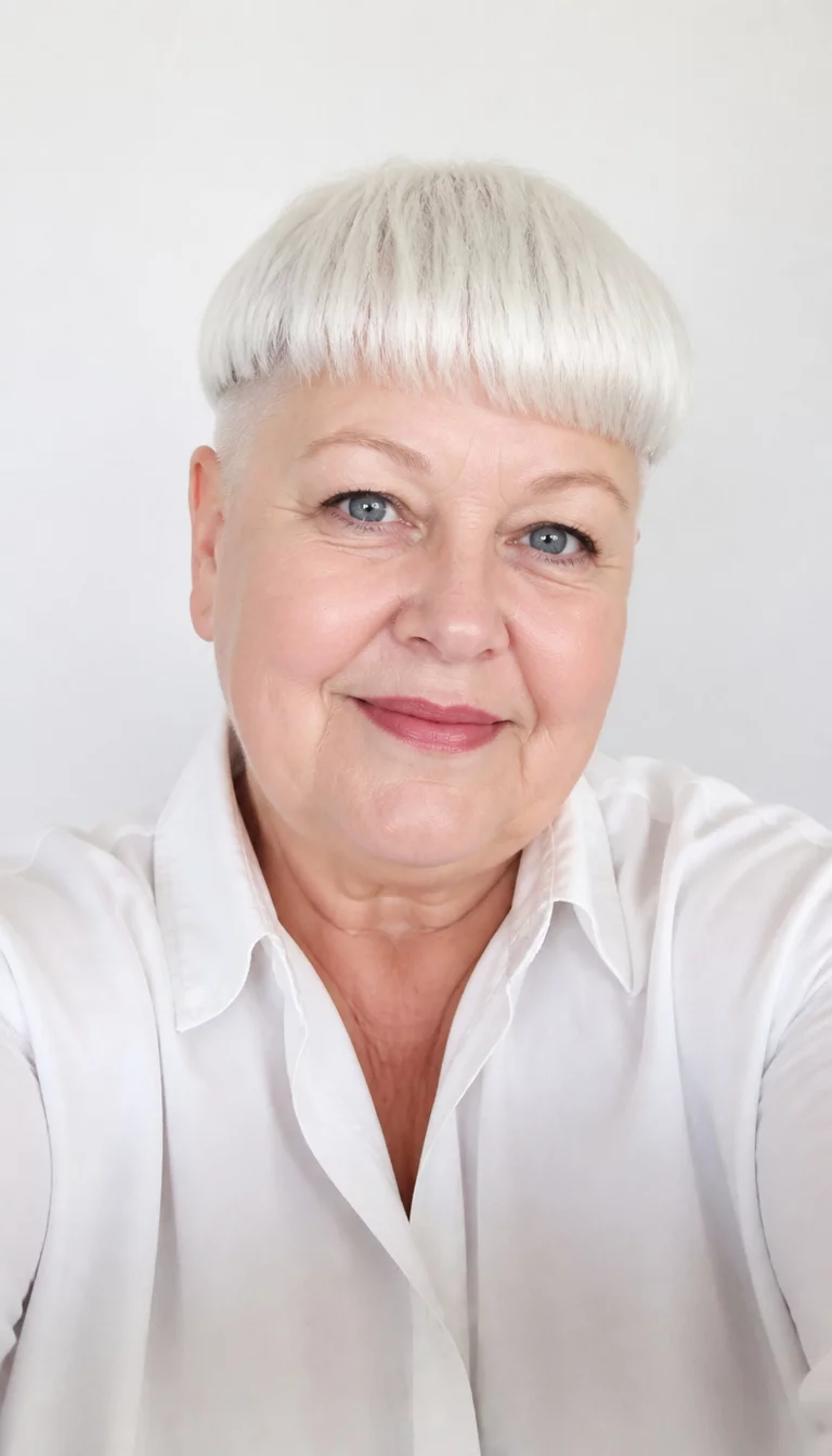 Ultra Short White Bowl Cut selfie of a 66-year-old plus size Caucasian woman with a chubby face and straight narrow nose. Her face skin has fair matte pores. The eyes are blue. She is wearing a white collared shirt with a very short white bowl-cut hairstyle with undercut sides hairstyle, front view, bright studio background.