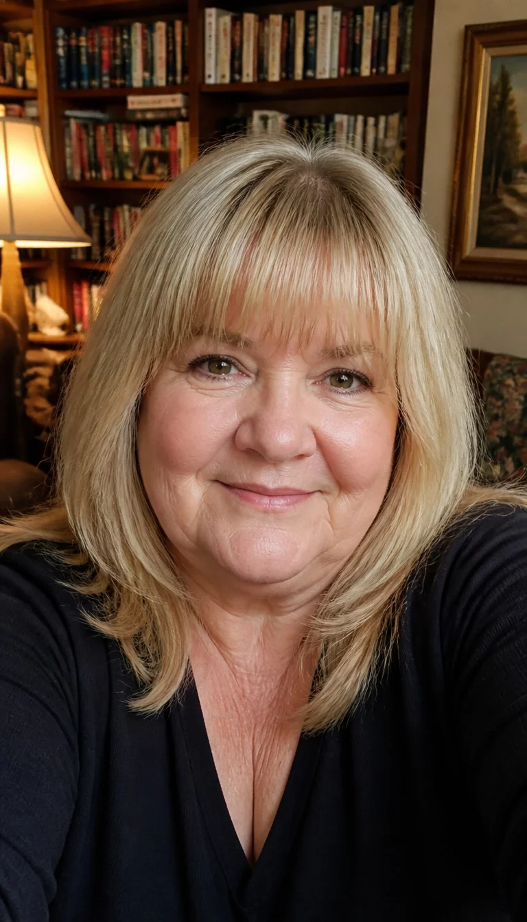 Classic Layers With Prominent Bangs selfie of a 65-year-old plus size Caucasian woman with a chubby face and rounded nose. Her face skin has soft fine lines. The eyes are hazel. She is wearing a dark top with a blonde layered hair featuring prominent straight bangs hairstyle, front view, cozy home library background.