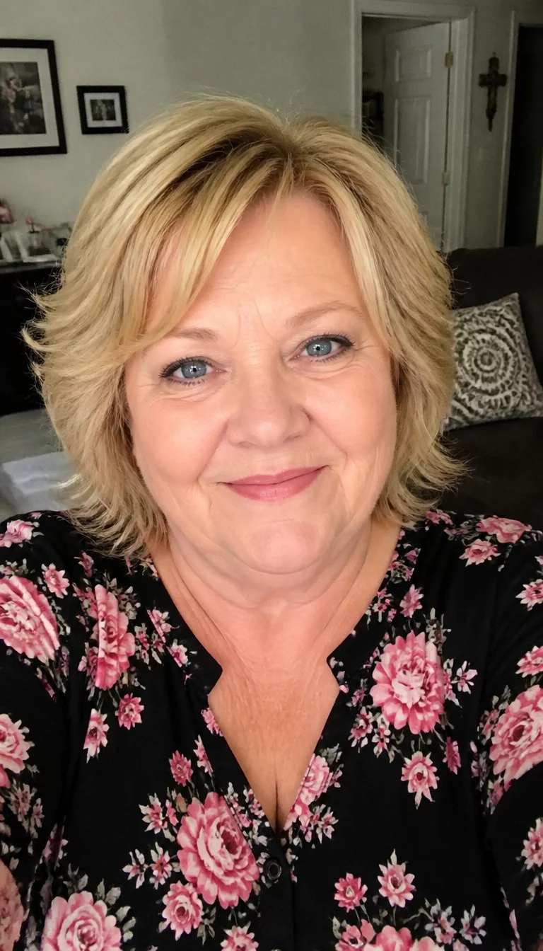 The Luminous Layered Bob selfie of a 64-year-old plus size Caucasian woman with a chubby face and slightly rounded nose. Her face skin has soft matte pores. The eyes are bright blue. She is wearing a black and pink floral top with a chin-length blonde layered bob featuring soft waves and subtle highlights hairstyle, front view, indoor living room background.