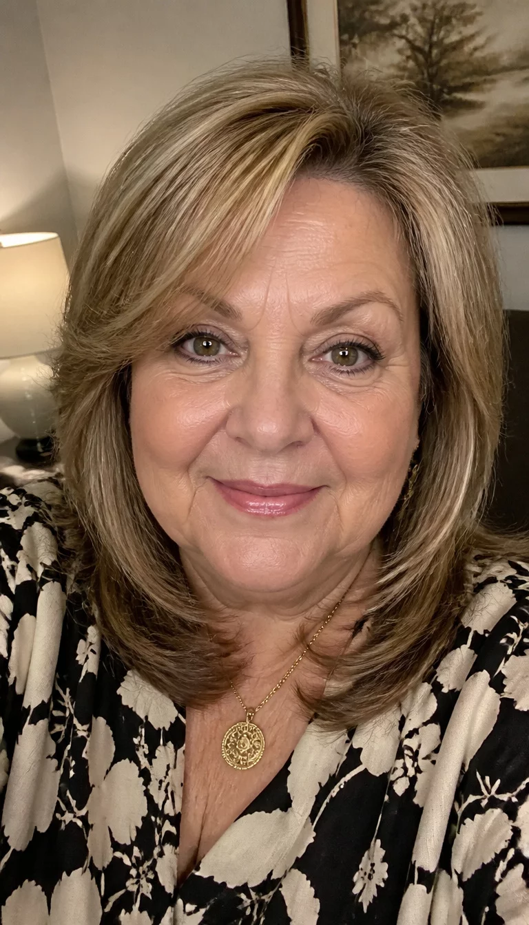 Slimming Multi Tonal Layers selfie of a 63-year-old plus size Caucasian woman with a chubby face and straight nose. Her face skin has soft fine lines. The eyes are hazel. She is wearing a fashionable blouse with a medium-length blonde and brown layered hairstyle, front view, soft indoor lighting background.