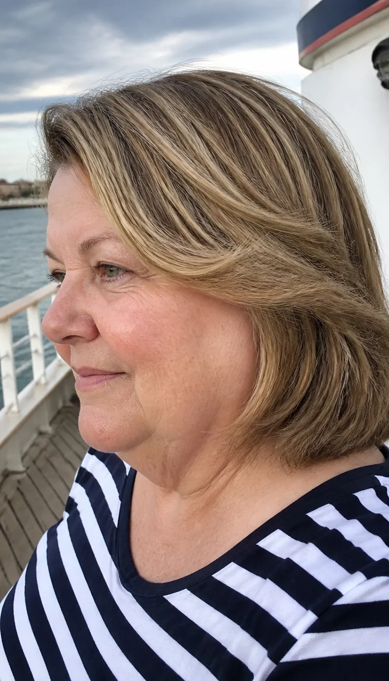 Soft Side Parted Waves casual photo of a 62-year-old plus size Caucasian woman with a chubby face and delicate nose. Her face skin has visible pores. The eyes are green. She is wearing a striped shirt with a blonde-brown layered hair styled in soft waves and a side part hairstyle, side view, nautical deck background.