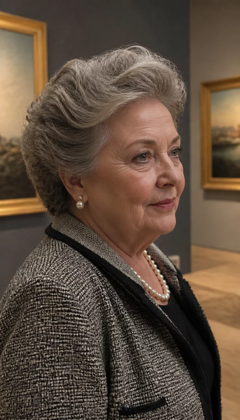 Elegant Upward Grey Sweep casual photo of a 69-year-old plus size Caucasian woman with a chubby face and elegant narrow nose. Her face skin has refined aged texture. The eyes are grey. She is wearing pearls and a tweed blazer with an elegant grey hair styled upwards and away from the face hairstyle, side view, upscale gallery background.