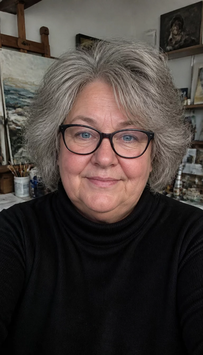 Voluminous Textured Grey Bob selfie of a 67-year-old plus size Caucasian woman with a chubby face and rounded nose. Her face skin has weathered texture. The eyes are blue. She is wearing black-rimmed glasses and a black turtleneck with a voluminous textured grey bob hairstyle, front view, artist studio background.