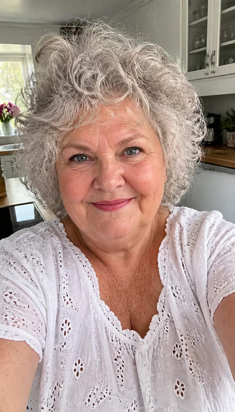 Expertly Styled Silver Shag selfie of a 68-year-old plus size Caucasian woman with a chubby face and petite nose. Her face skin has delicate weathered texture. The eyes are blue-grey. She is wearing a white eyelet blouse with a voluminous silver shag featuring tight curls and crown volume hairstyle, front view, bright kitchen background.