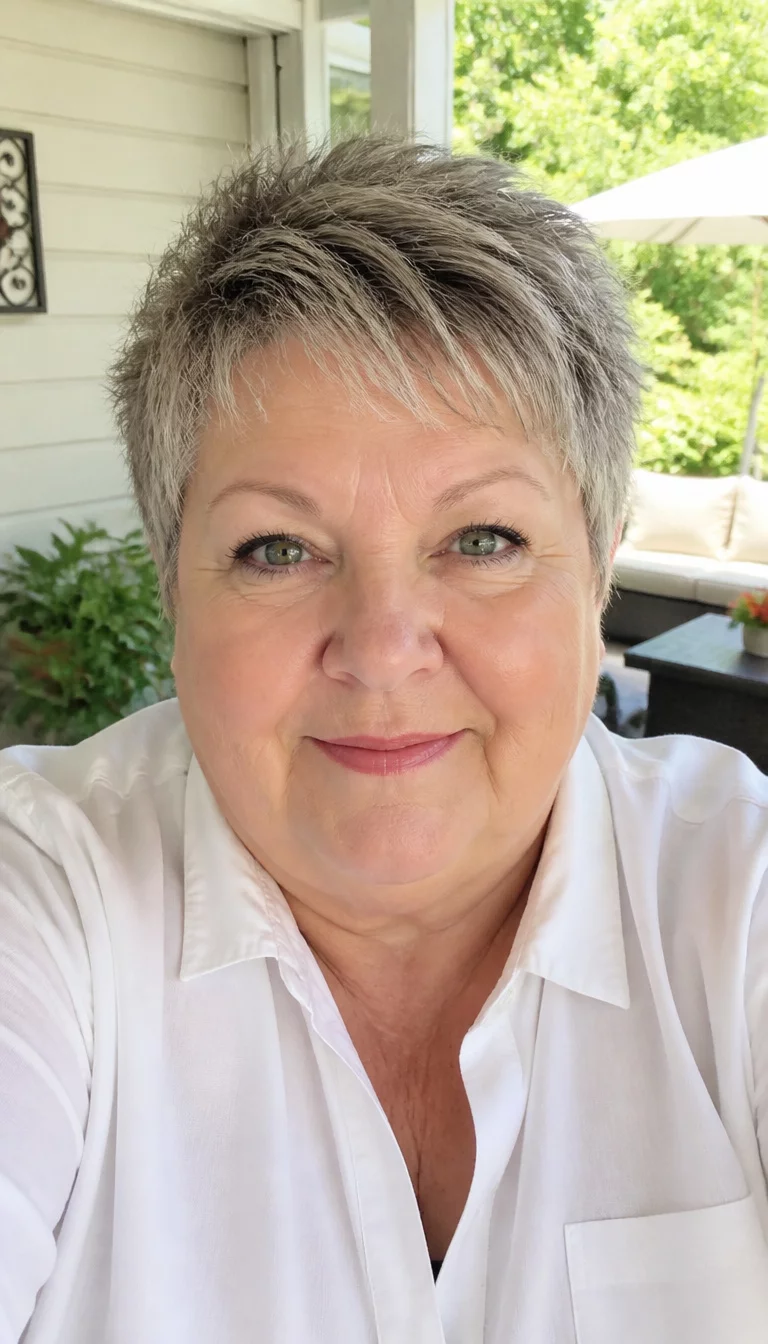 Choppy Grey Pixie With Dark Roots selfie of a 63-year-old plus size Caucasian woman with a chubby face and flared nose nostrils. Her face skin has fair texture. The eyes are green. She is wearing a white collared shirt with a short choppy grey and dark-rooted haircut hairstyle, front view, bright outdoor patio background.