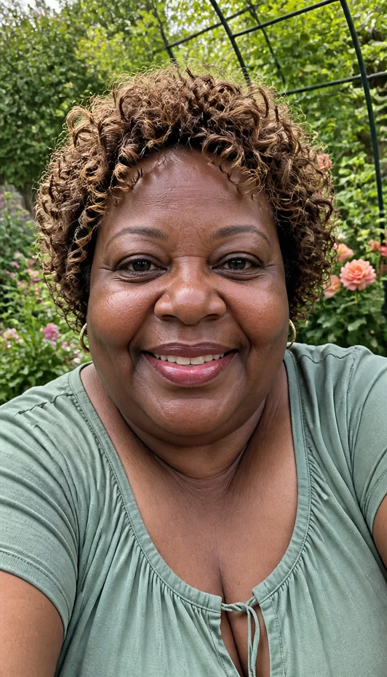 Short Tight Brown Curls selfie of a 60-year-old plus size African American woman with a joyful expression, chubby face, and wide nose. Her face skin has smooth dark texture. The eyes are brown. She is wearing a sage green top with short tight brown curls with blonde highlights hairstyle, front view, garden background.