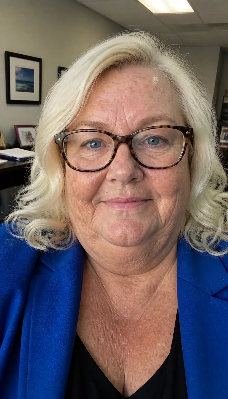 The Platinum Wavy Professional selfie of a 71-year-old plus size Caucasian woman with a chubby face and a straight nose. The skin is heavily textured with a complex pattern of age spots and a small scar on the chin. The eyes are blue. She is wearing a blue blazer and large, tortoise-shell glasses with platinum blonde, wavy hair, front view, office setting.