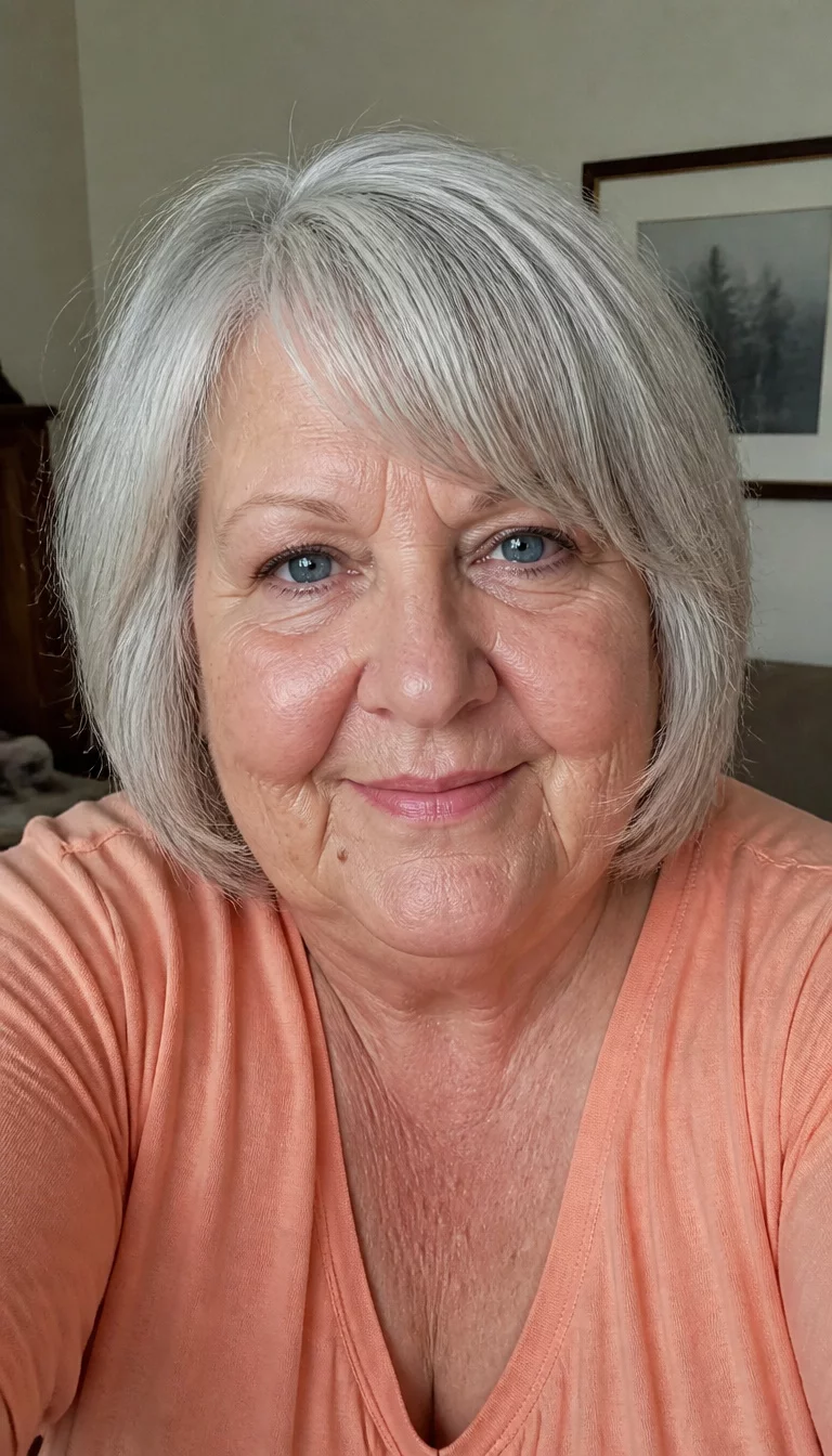 The Tousled Grey Bob With Bangs selfie of a 70-year-old plus size Caucasian woman with a chubby face and a delicate nose. The skin is heavily textured with a complex pattern of fine lines and a small beauty mark. The eyes are blue. She is wearing a peach-colored top with a tousled, grey bob haircut and side-swept bangs, front view, soft indoor lighting.