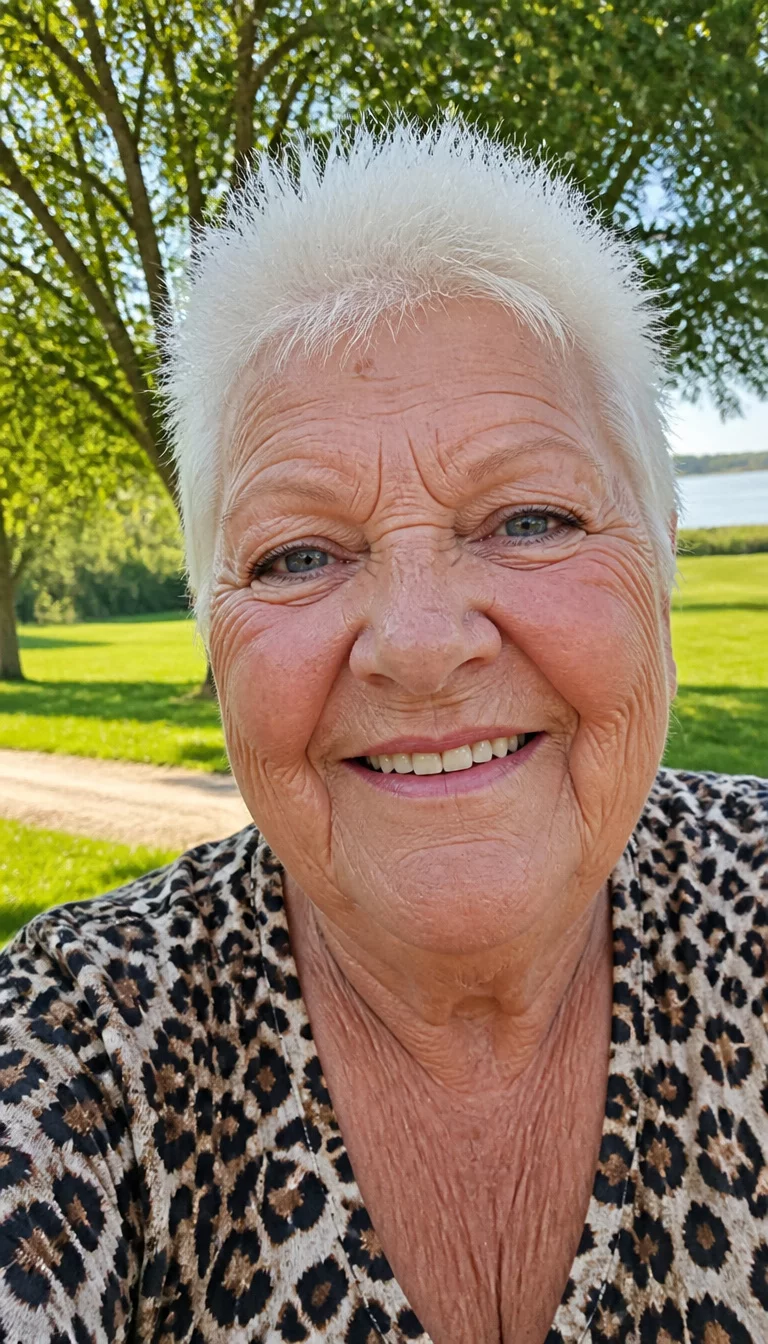 selfie of a 79-year-old plus size Caucasian woman with a chubby face and a wide nose. The skin is heavily textured with a complex pattern of deep wrinkles and a small mole on the forehead. The eyes are blue. She is wearing a leopard print top with a very short, spiky white-blonde haircut, front view, smiling, bright outdoor background.