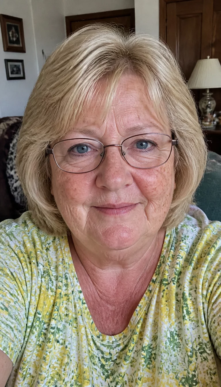 selfie of a 72-year-old plus size Caucasian woman with a chubby face and a slightly flared nose. The skin is heavily textured with a complex pattern of age spots across the cheeks and a faint, thin scar traversing the left eyebrow. The eyes are bright blue. She is wearing glasses and a yellow, green, and white patterned top with a blonde, layered bob hairstyle, front view, indoor domestic setting.
