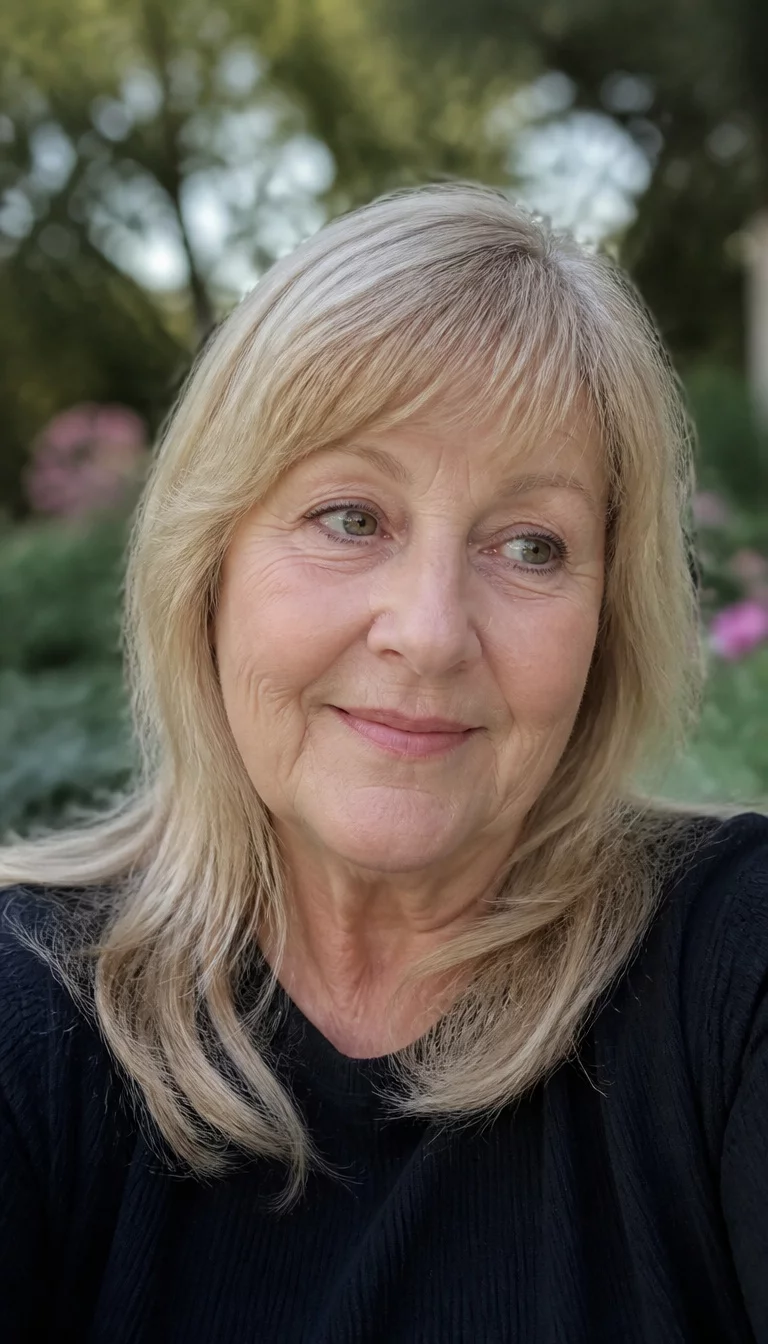 selfie of a 72-year-old plus size Caucasian woman with a chubby face and a straight nose. The skin is heavily textured with a complex pattern of fine lines and a slight redness. The eyes are hazel. She is wearing a dark top with layered blonde hair featuring bangs, front view, smiling softly to the side, blurred garden background.