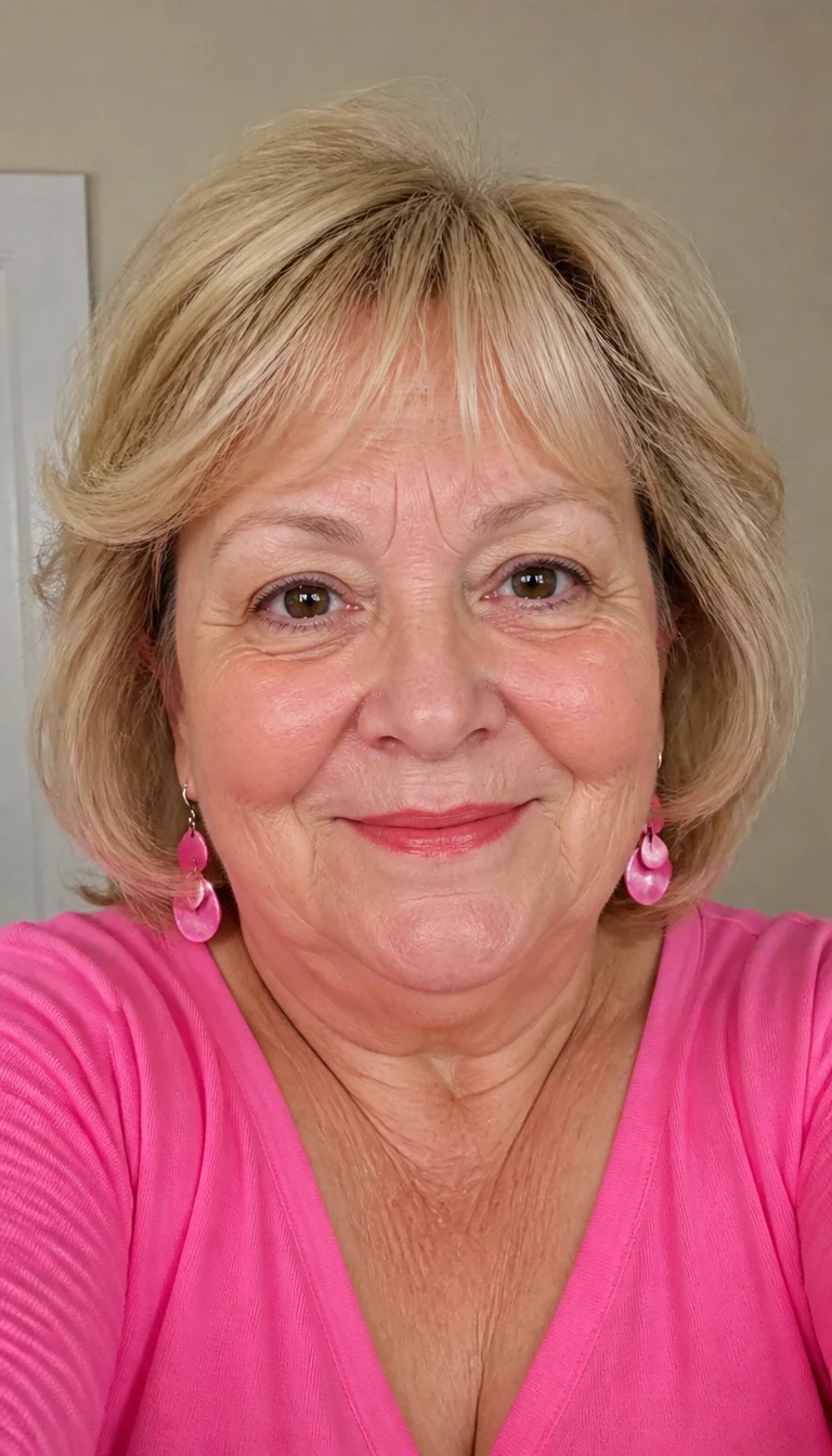 selfie of a 70-year-old plus size Caucasian woman with a chubby face and a delicate nose. The skin is heavily textured with a complex pattern of fine lines and a pale complexion. The eyes are brown. She is wearing a bright pink top and pink dangling earrings with a layered, blonde bob hairstyle, front view, smiling, neutral indoor background.