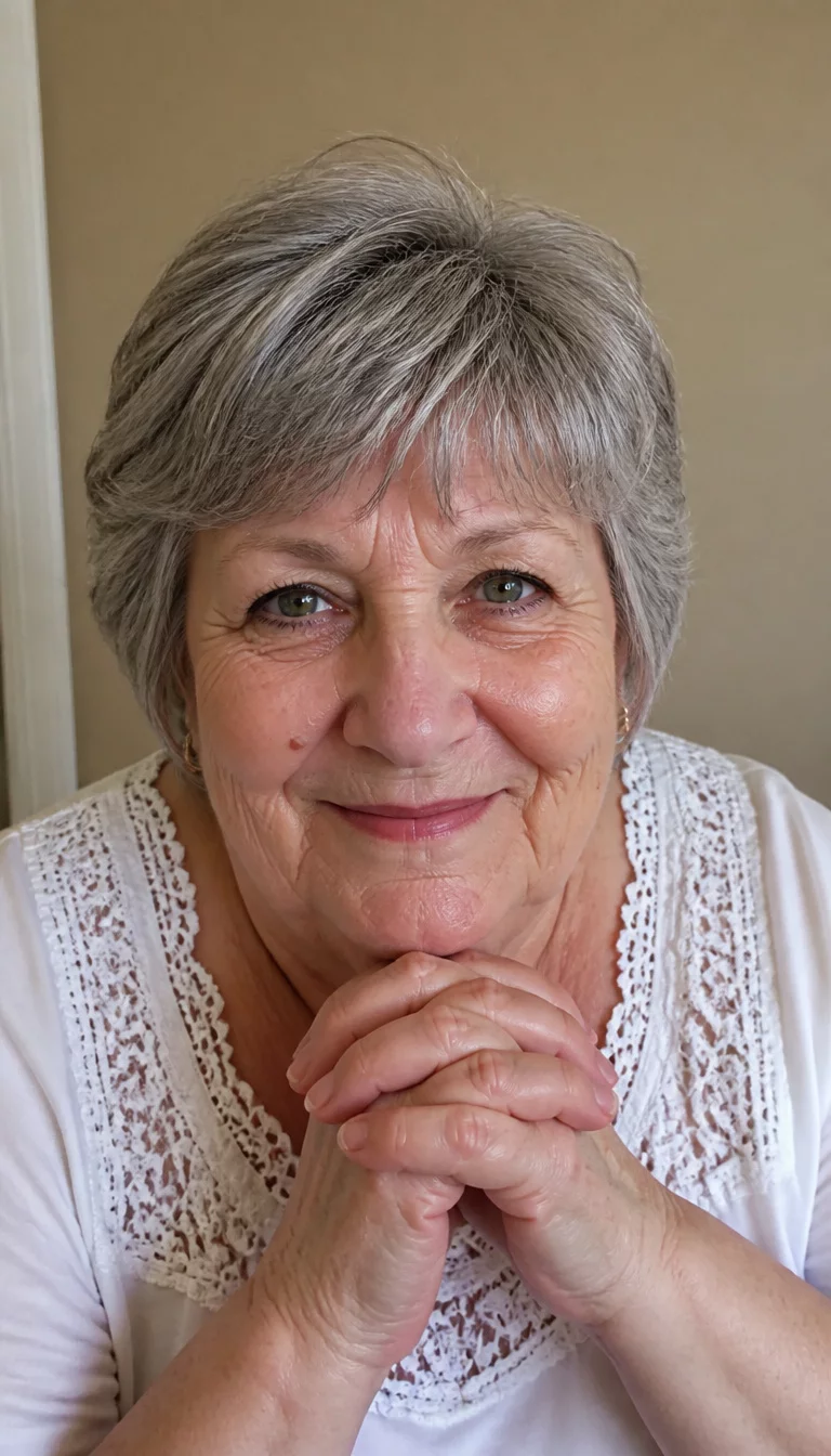 selfie of a 74-year-old plus size Caucasian woman with a chubby face and a delicate nose. The skin is heavily textured with a complex pattern of deep laugh lines and a small mole on the right cheek. The eyes are deep-set green. She is wearing a white, lace-detailed top with a short, layered, grey hairstyle, front view, smiling with clasped hands, neutral indoor background.