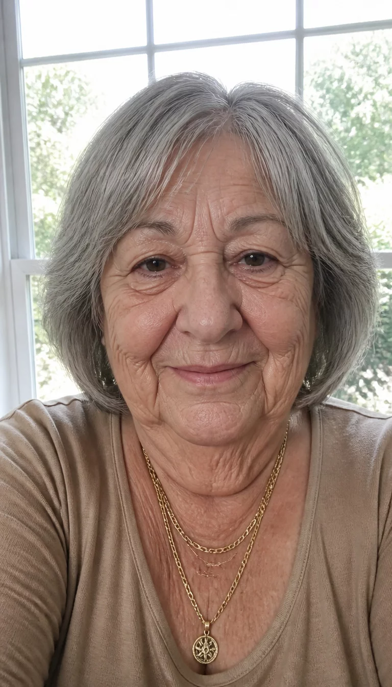 selfie of a 78-year-old plus size Caucasian woman with a chubby face and a prominent nose. The skin is heavily textured with a complex pattern of deep set wrinkles and a slight sagging at the jawline. The eyes are dark brown. She is wearing a tan top and multiple gold necklaces with a layered, grey bob hairstyle, front view, bright window background.