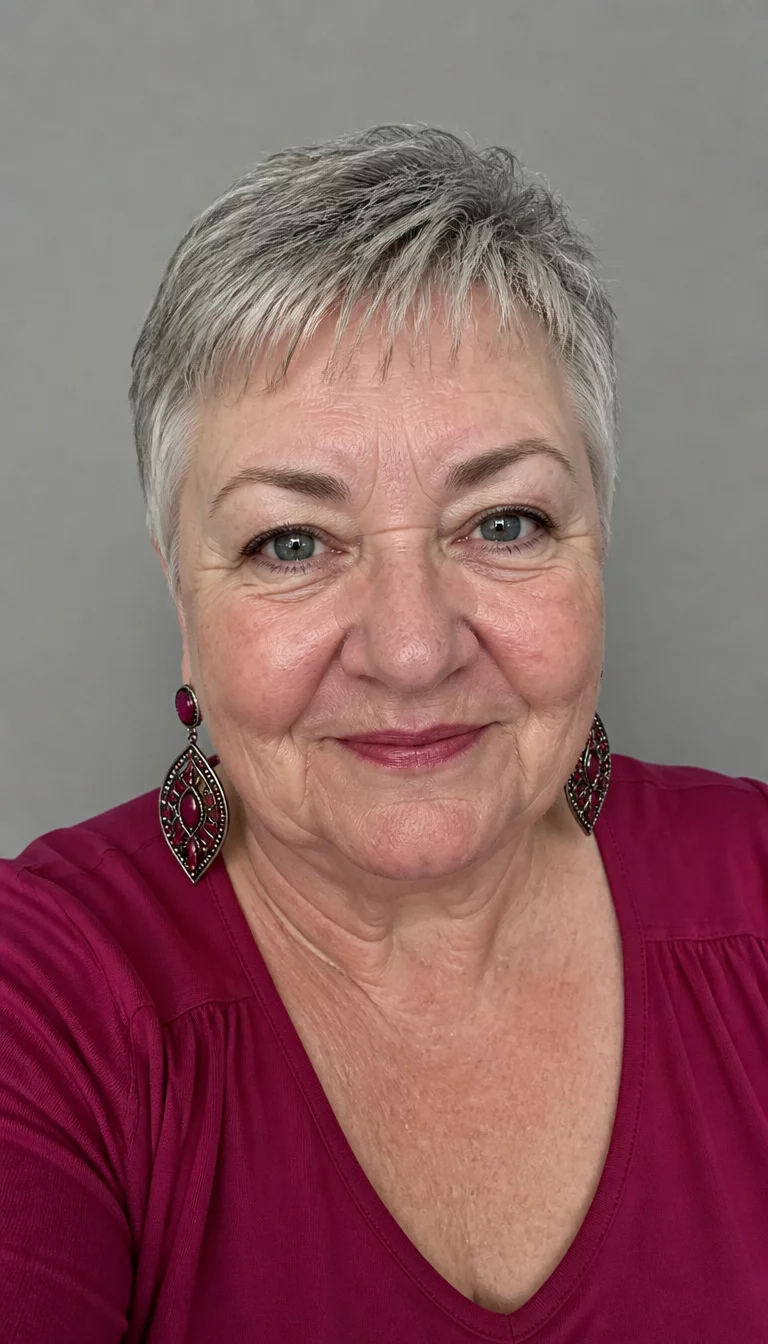 The Bold Pixie And Layered Duo selfie of a 73-year-old plus size Caucasian woman with a chubby face and a button nose. The skin is heavily textured with a complex pattern of large pores on the nose and thin skin on the temples. The eyes are grey. She is wearing bold earrings and a short, grey pixie cut hairstyle, front view, solid color background.