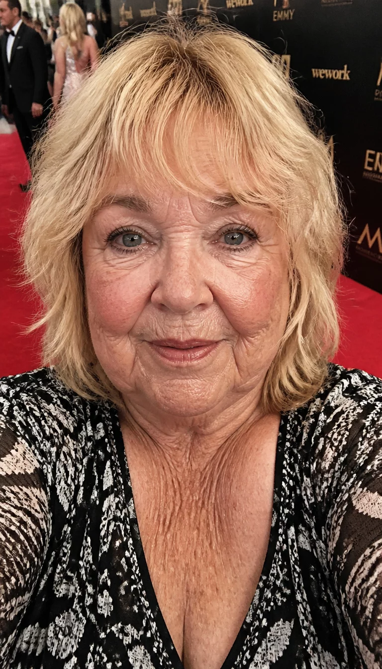 The Classy Layered Shag selfie of a 76-year-old plus size Caucasian woman with a chubby face and a narrow nose. The skin is heavily textured with a complex pattern of age spots and thin skin. The eyes are grey-blue. She is wearing a black and white patterned top with a layered blonde shag haircut with bangs, front view, red carpet event.