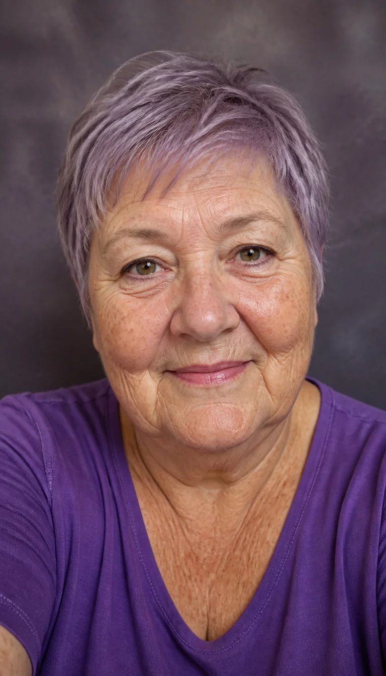 The Diverse Pixie And Curl Collage selfie of a 75-year-old plus size Caucasian woman with a chubby face and a rounded nose. The skin is heavily textured with a complex pattern of age spots and fine lines. The eyes are hazel. She is wearing a purple top with a short purple-grey pixie cut, front view, studio background.