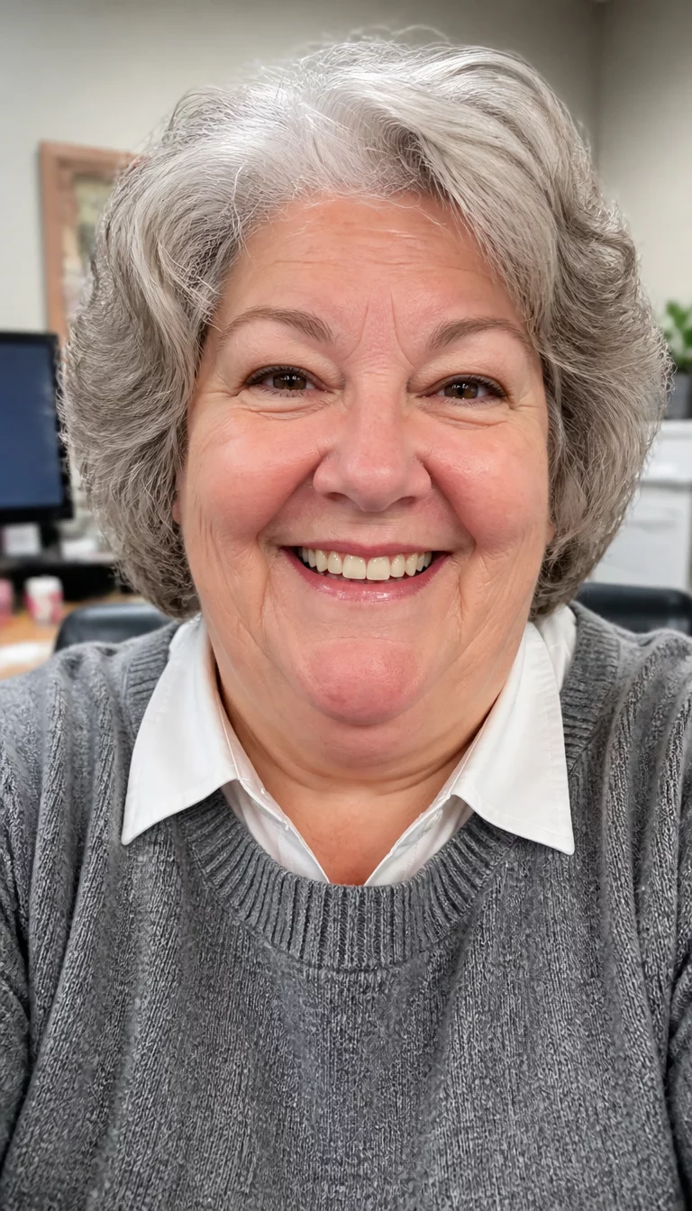 selfie of a 71-year-old plus size Caucasian woman with a chubby face and a rounded nose. The skin is heavily textured with a complex pattern of fine wrinkles around the eyes and a slight redness on the chin. The eyes are warm brown. She is wearing a grey sweater with a white collared shirt underneath with a wavy, grey bob hairstyle, front view, smiling broadly, blurred office background.