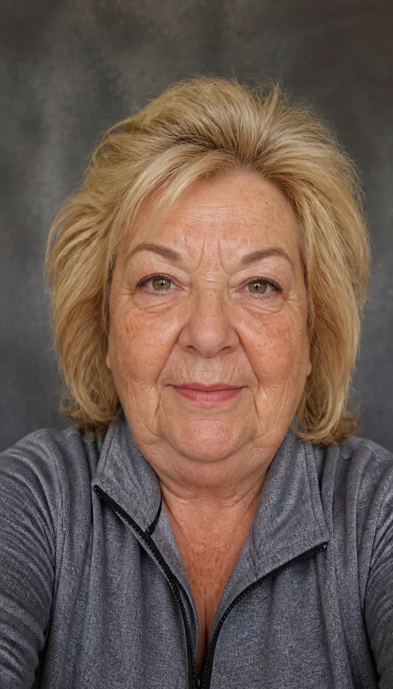 The Textured Triple Threat Collage selfie of a 75-year-old plus size Caucasian woman with a chubby face and a straight nose. The skin is heavily textured with a complex pattern of sun spots and a faint line between the brows. The eyes are hazel. She is wearing a gray jacket with blonde, textured hair, front view, studio background.