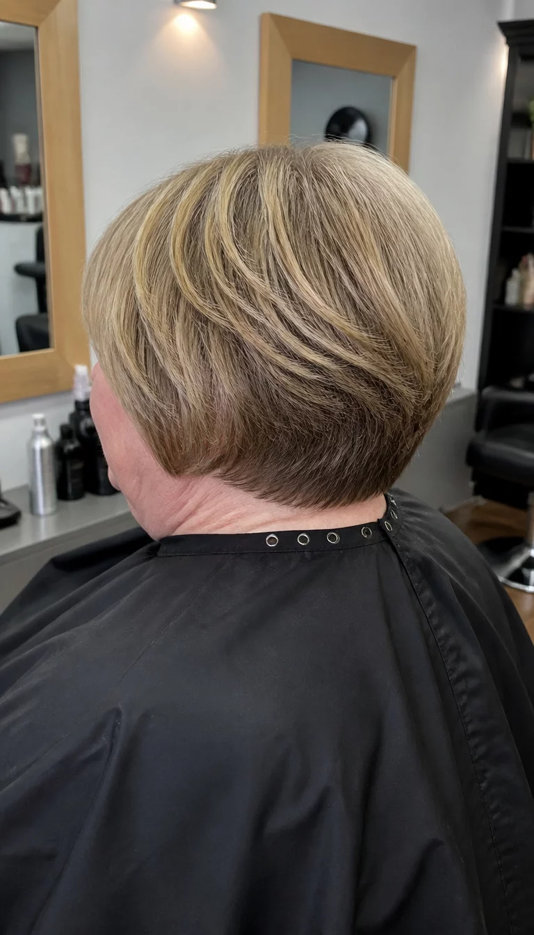 The Stacked Blonde To Brown Bob casual photo of a 72-year-old plus size Caucasian woman with a chubby face and a small nose. The skin is heavily textured with a complex pattern of fine lines and a pale complexion. The eyes are hidden. She is wearing a black cape with a stacked blonde-to-brown bob hairstyle, back view, salon background.
