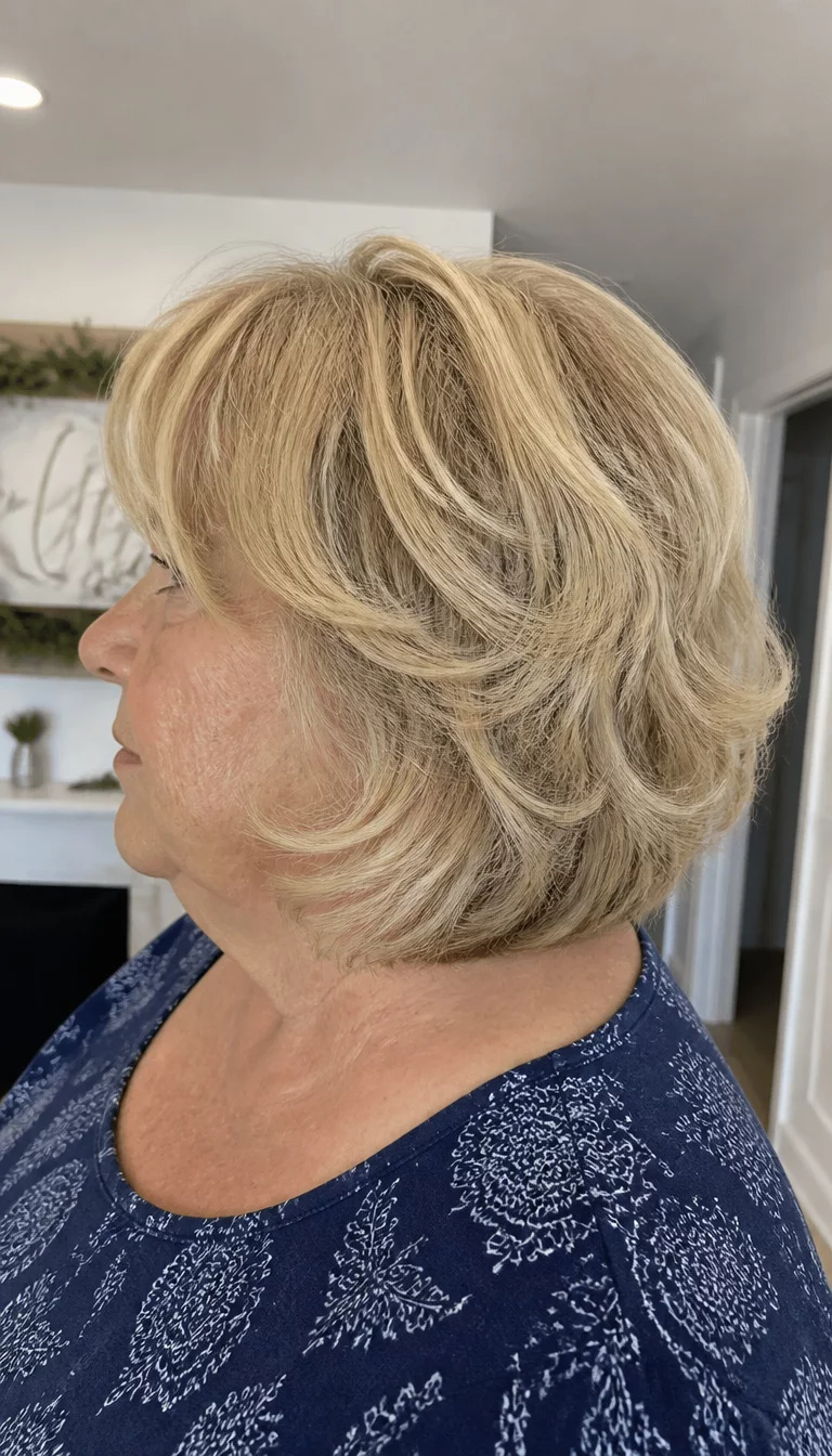 The Wavy Layered Bob Side View casual photo of a 74-year-old plus size Caucasian woman with a chubby face and a small nose. The skin is heavily textured with a complex pattern of sun spots and fine lines. The eyes are hidden. She is wearing a simple blouse with a blonde, layered bob haircut with waves and curled ends, side view, bright indoor background.