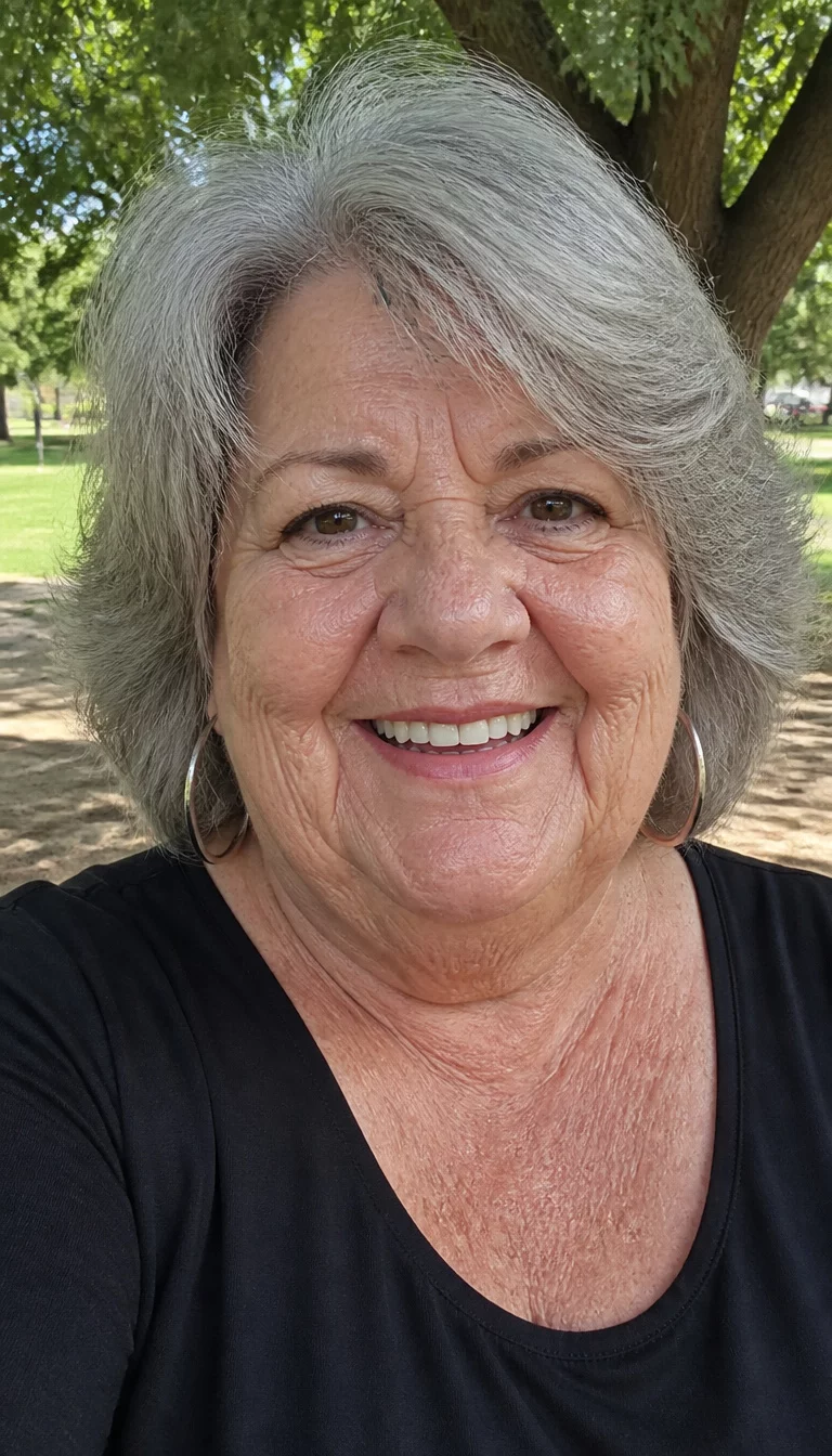 selfie of a 75-year-old plus size Caucasian woman with a chubby face and a wide nose. The skin is heavily textured with a complex pattern of deep wrinkles and large pores. The eyes are brown. She is wearing a black top and large hoop earrings with a voluminous, layered grey bob hairstyle, front view, smiling widely, outdoor park background.