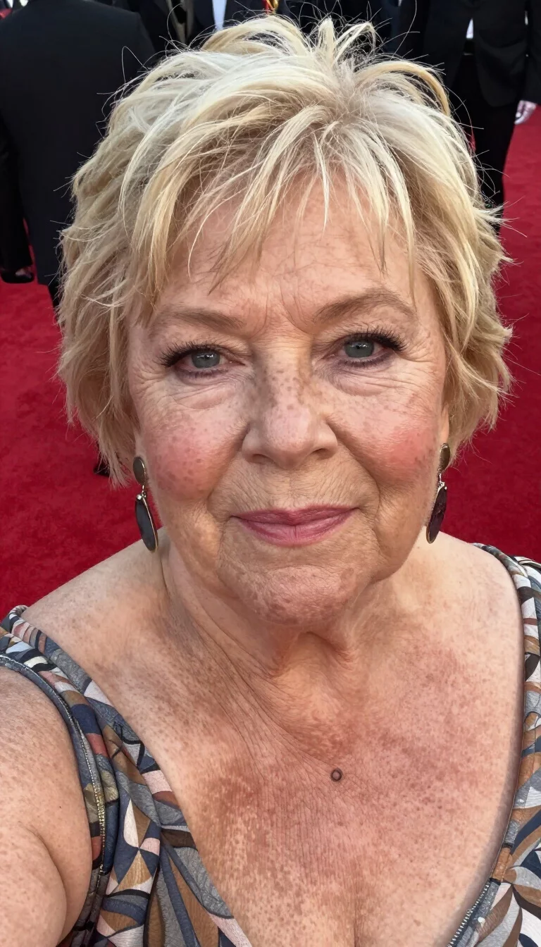 selfie of a 76-year-old plus size Caucasian woman with a chubby face and a narrow nose. The skin is heavily textured with a complex pattern of dappled pigmentation and a small beauty mark near the mouth. The eyes are blue-grey. She is wearing a patterned dress and large dangling earrings with a short, shaggy, blonde hairstyle, front view, red carpet background.