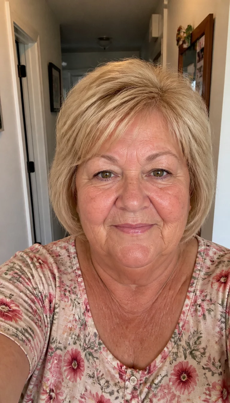 The Long To Short Transformation selfie of a 73-year-old plus size Caucasian woman with a chubby face and a slightly flared nose. The skin is heavily textured with a complex pattern of sun damage and fine lines. The eyes are amber. She is wearing a floral top with a styled blonde bob hairstyle, front view, home hallway background.