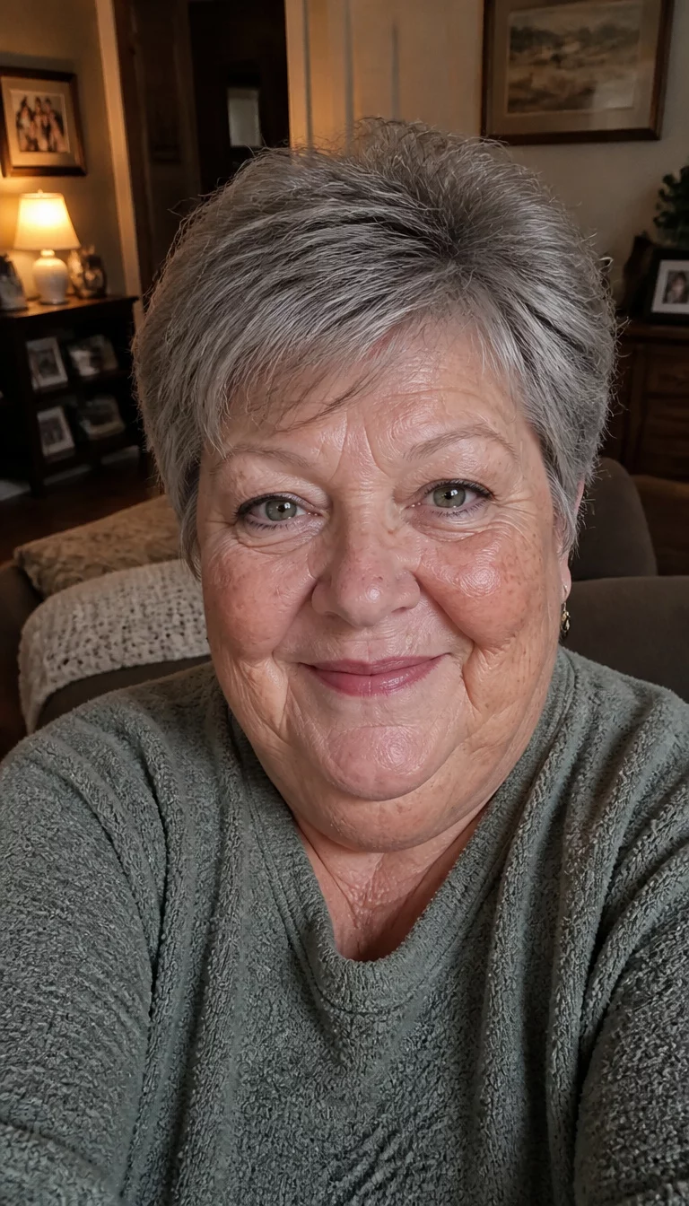 The Textured Grey Pixie selfie of a 73-year-old plus size Caucasian woman with a chubby face and a rounded nose. The skin is heavily textured with a complex pattern of deep laugh lines and age spots. The eyes are green. She is wearing a casual sweater with a textured, short grey pixie cut, slightly turned front view, smiling, cozy living room background.