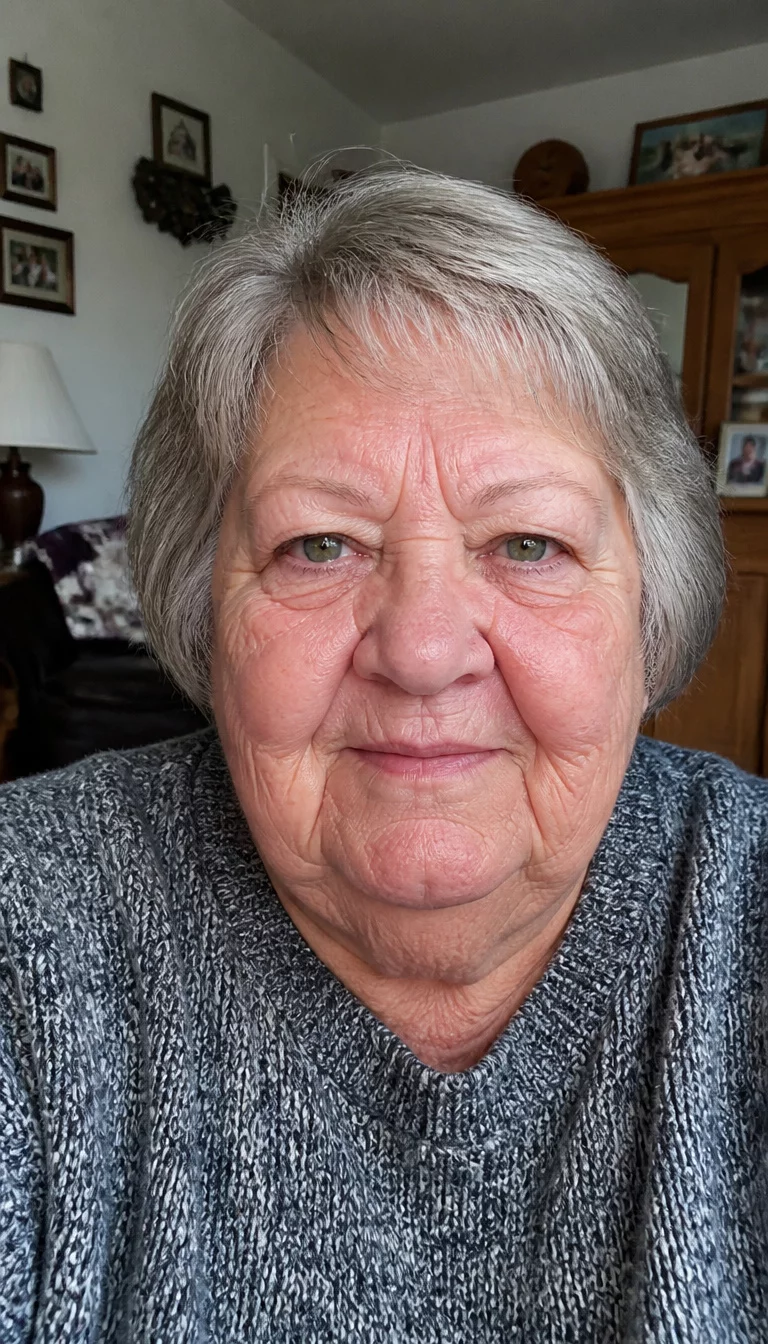 The Multi Short Style Collage selfie of a 77-year-old plus size Caucasian woman with a chubby face and a rounded nose. The skin is heavily textured with a complex pattern of deep lines around the mouth and a faint scar. The eyes are green. She is wearing a knit sweater with a short grey hairstyle, front view, living room background.