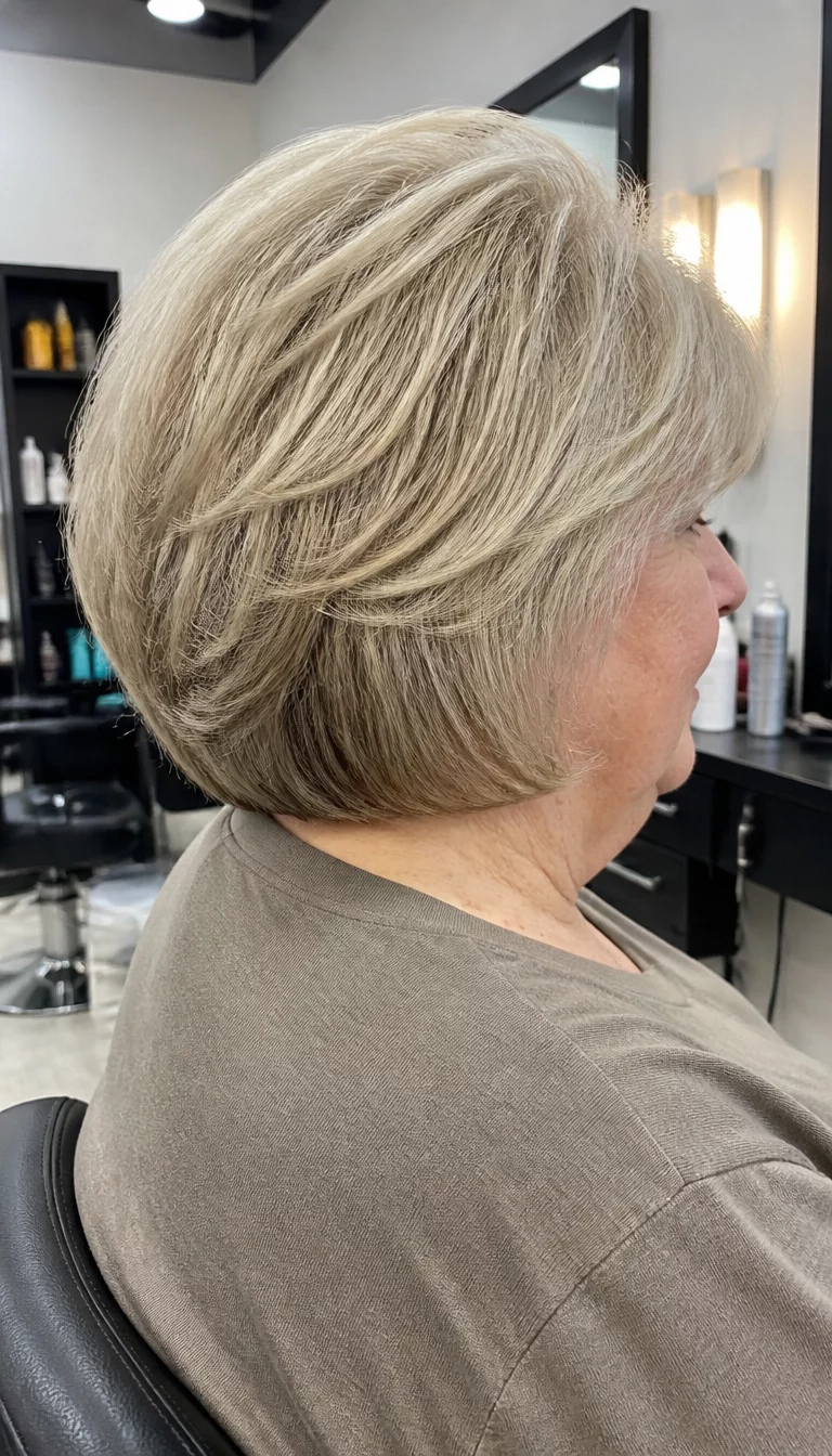 The Ash Blonde Stacked Back casual photo of a 71-year-old plus size Caucasian woman with a chubby face and a prominent nose. The skin is heavily textured with a complex pattern of fine wrinkles and thin skin. The eyes are hidden. She is wearing a neutral top with a layered, ash-blonde bob haircut, back and side view, salon background.