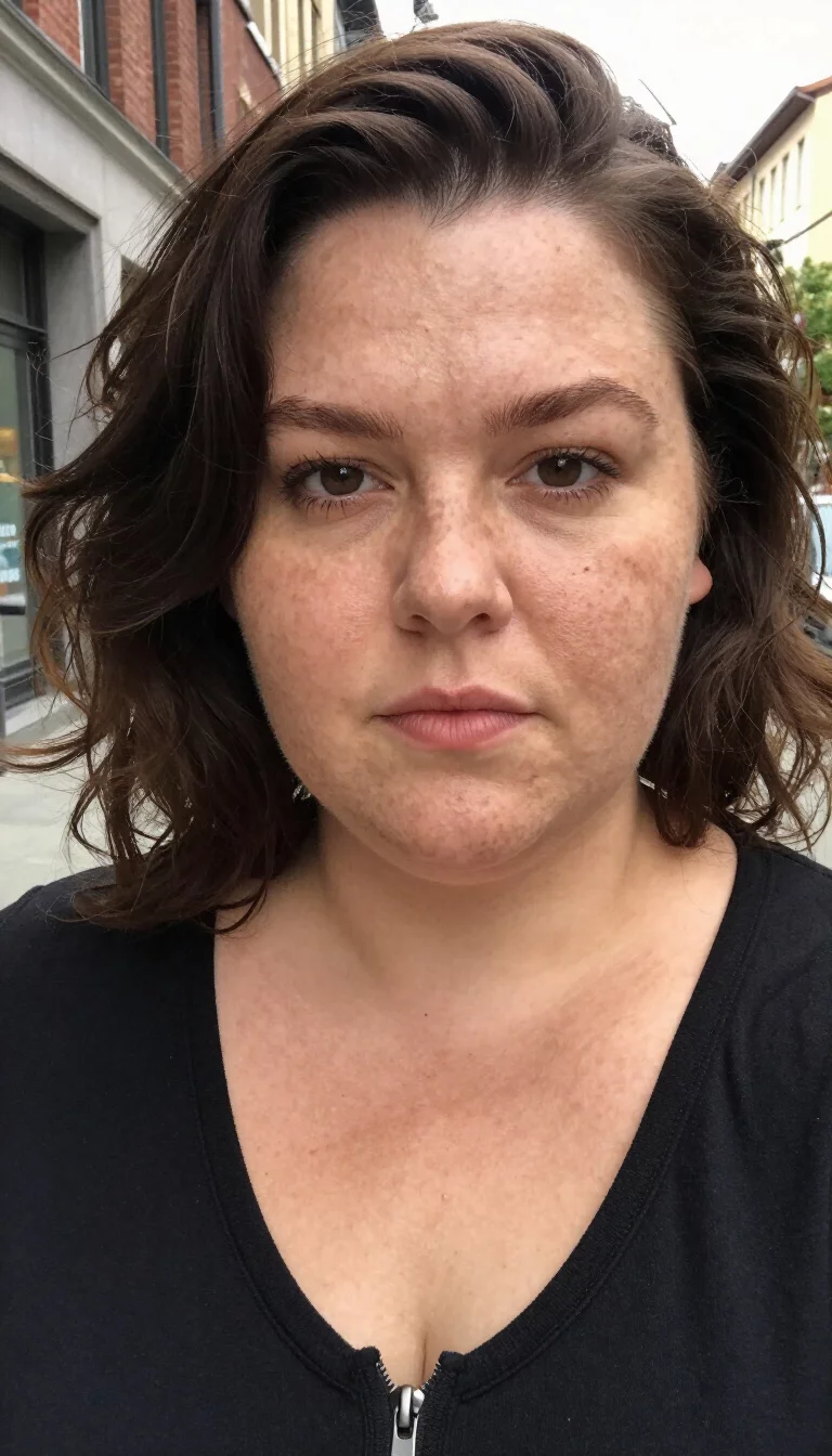 selfie of a 30-year-old plus size Caucasian woman with a chubby face and a strong nose bridge. The skin is heavily textured with a complex pattern of pale freckles and a tiny freckle on the nose tip. The eyes are dark brown. She is wearing a black V-neck top with a zipper with a dark brown, wavy hair styled into a bob hairstyle, front view, urban setting.