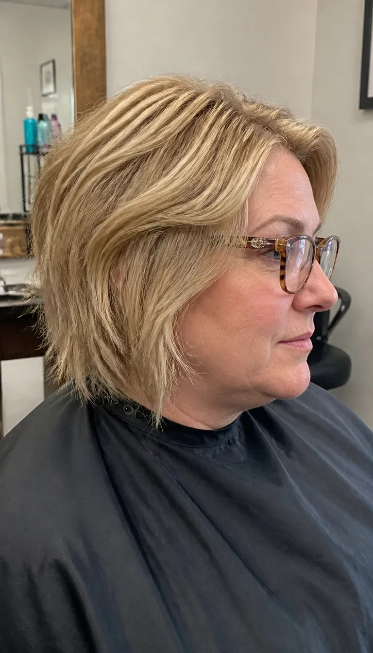 casual photo of a 46-year-old plus size Caucasian woman with a chubby face and a pointed nose. The skin is heavily textured with a complex pattern of light wrinkles and a small scar on the jaw. The eyes are blue-green. She is wearing glasses and a black cape with a blonde, layered hair styled in a choppy bob hairstyle, side view, indoor salon.