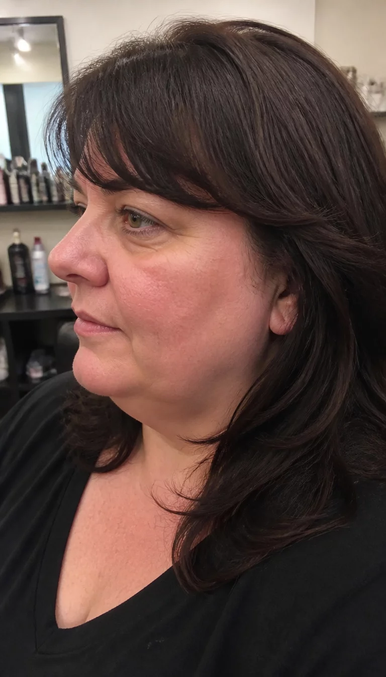 casual photo of a 42-year-old plus size Caucasian woman with a chubby face and a wide bridge nose. The skin is heavily textured with a complex pattern of light rosacea on the cheeks and a tiny mole near the ear. The eyes are hazel. She is wearing a black top with a dark brown, layered hair styled with side-swept bangs hairstyle, side view, indoor salon.