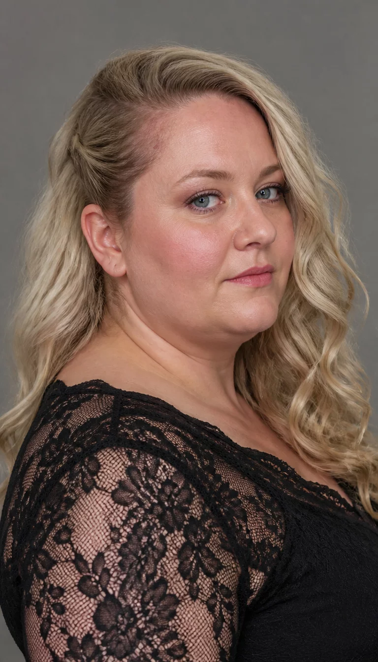 casual photo of a 36-year-old plus size Caucasian woman with a chubby face and a delicate nose. The skin is heavily textured with a complex pattern of creamy tones and a small scar near the hairline. The eyes are blue. She is wearing a black lace dress with a long, blonde, curly hair styled to one side hairstyle, side view, grey background.