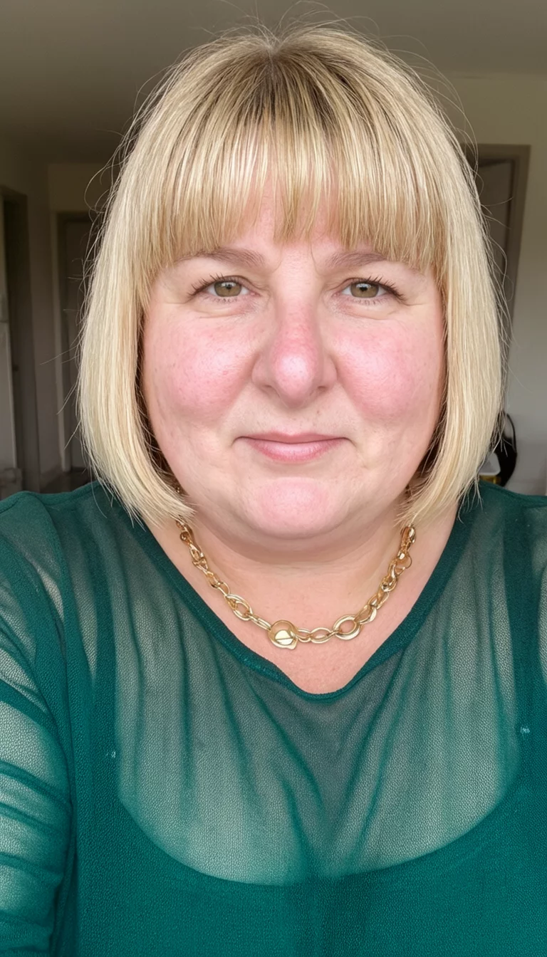 selfie of a 43-year-old plus size Caucasian woman with a chubby face and a bulbous nose. The eyes are light brown. She is wearing a sheer dark green top and a gold chain necklace with a bob-length, blonde haircut with bangs hairstyle, front view, indoor setting.