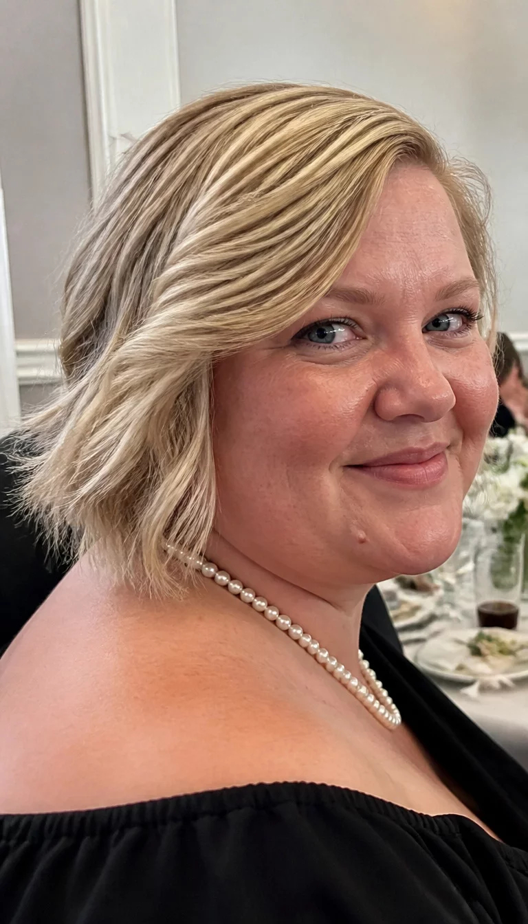 casual photo of a 37-year-old plus size Caucasian woman with a chubby face and a snub nose. The skin is heavily textured with a complex pattern of peaches and cream tones and a small scar on the chin. The eyes are bright blue. She is wearing a black off-the-shoulder top and a pearl necklace with a blonde, wavy hair styled in a chin-length bob hairstyle, side view, smiling.