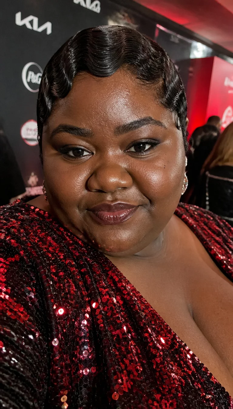 selfie of a 34-year-old plus size Black woman with a chubby face and a flared nose. The skin is heavily textured with a complex pattern of deep mahogany tones and a small mole near the eye. The eyes are dark brown. She is wearing a sparkling red and black sequined dress with a short, finger-waved hair hairstyle, front view, event background.