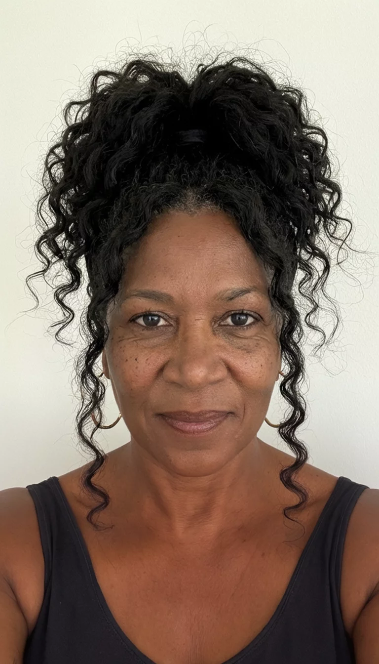 selfie of a 49-year-old black woman wearing a top with a very high, voluminous ponytail with loose, bouncy curls and face-framing tendrils hairstyle, front view, plain background