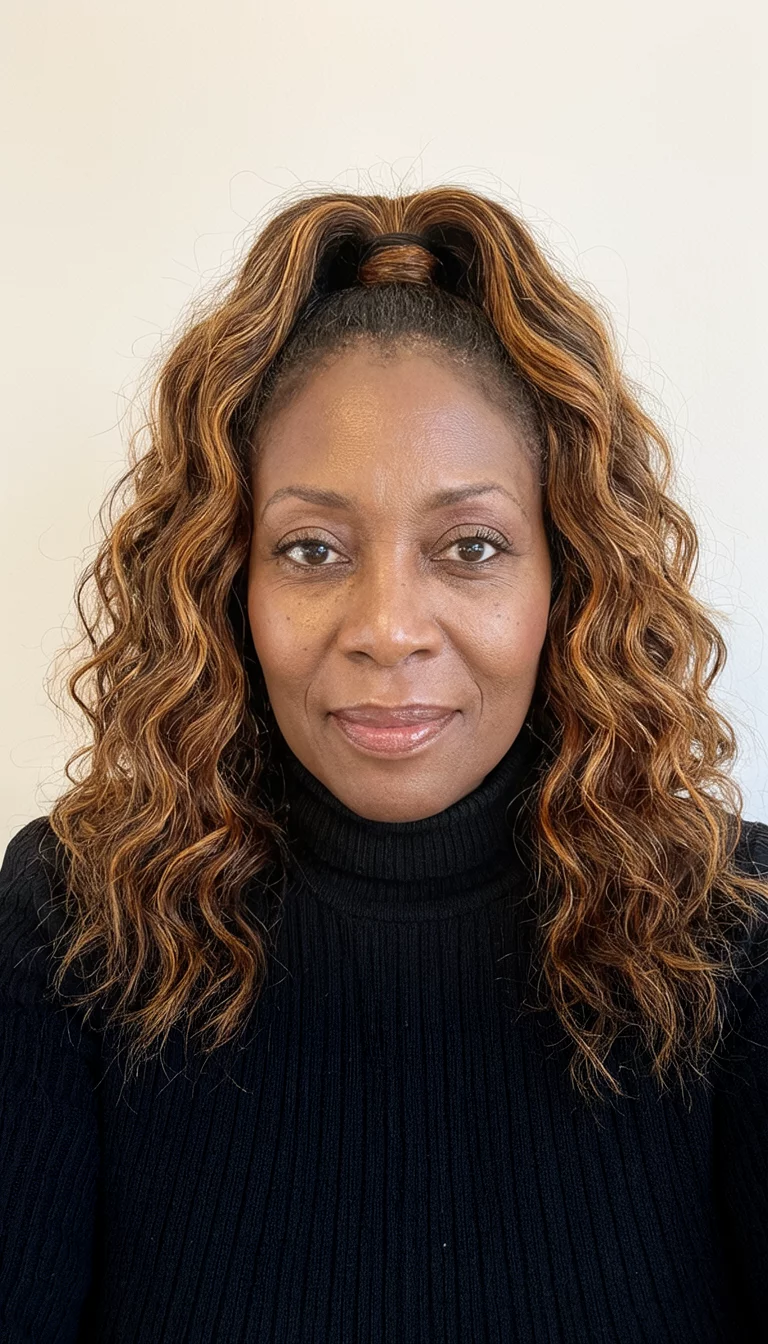 selfie of a 45-year-old black woman wearing a black turtleneck sweater with a high ponytail featuring voluminous, caramel-highlighted wavy extensions hairstyle, front view, plain background