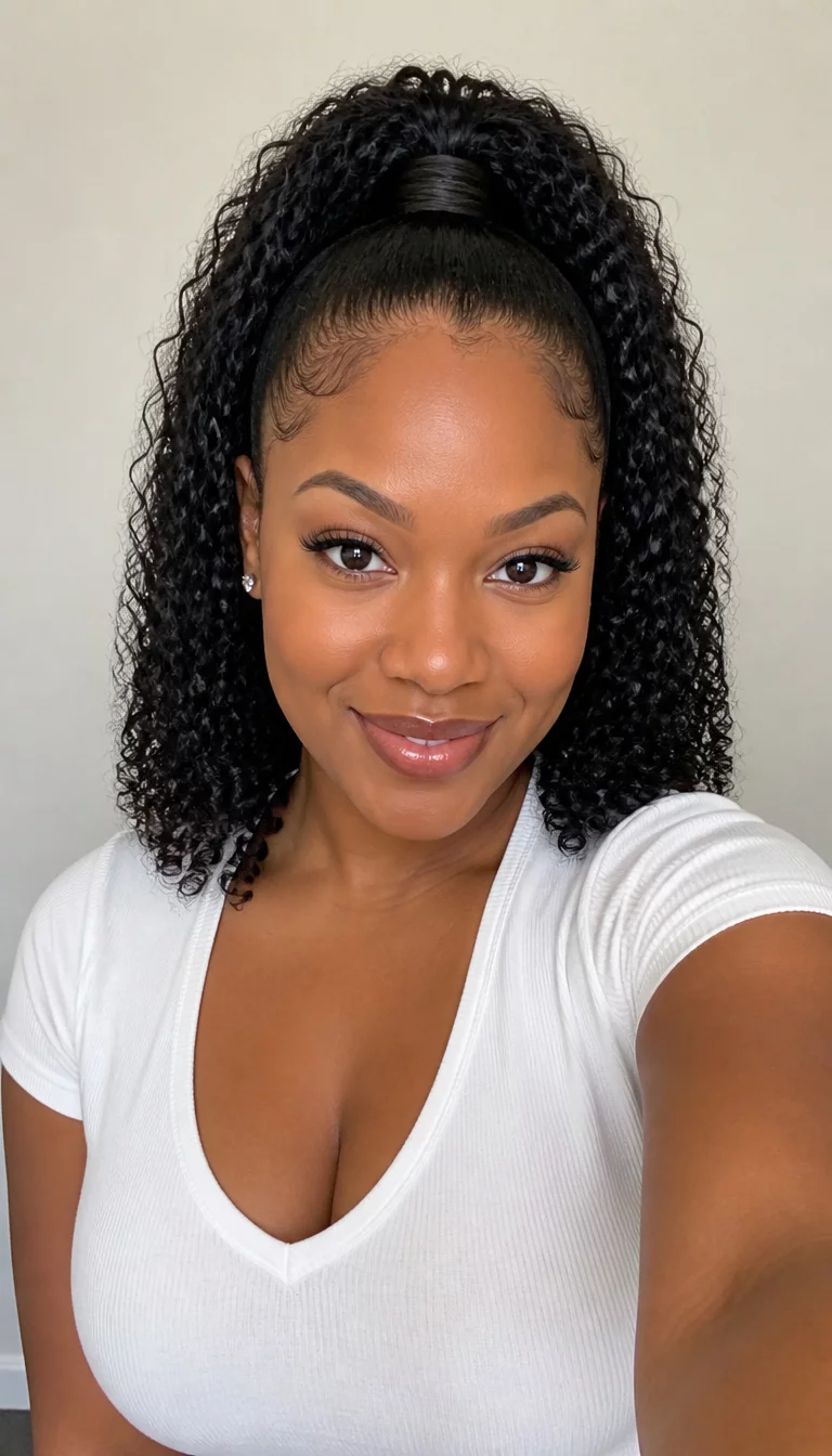 selfie of a 33-year-old black woman wearing a white top with curly black hair styled in a high ponytail with a wrap around the base hairstyle, front view, plain background